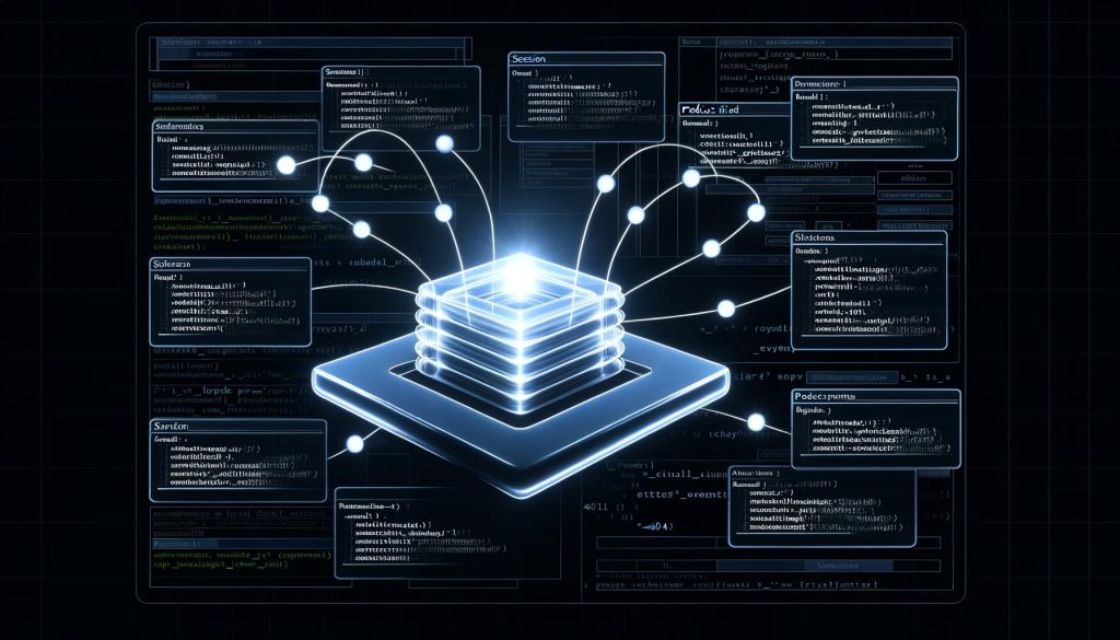 Dynamische Illustration eines organisierten Data-Layer-Objekts in JavaScript mit leuchtenden Variablen und Datenströmen zu Analytics-Tools, umgeben von digitalen 404-Schatten.
