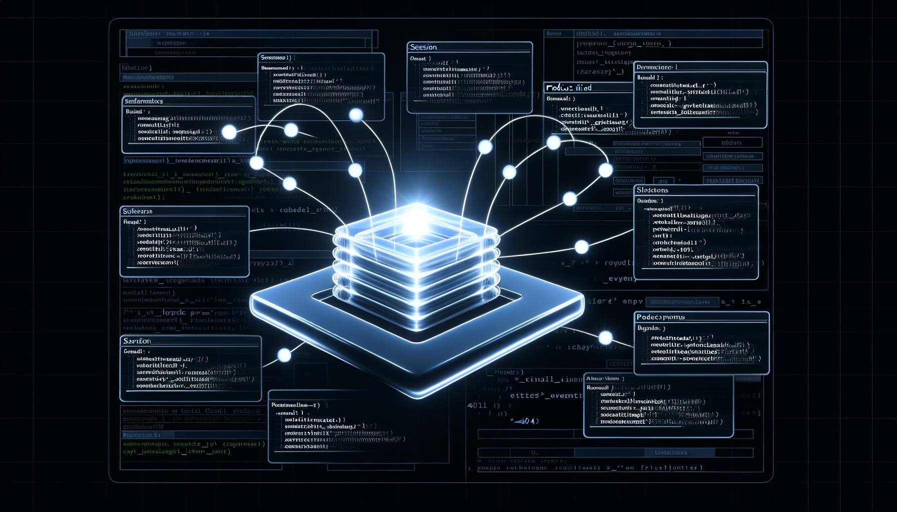 Dynamische Illustration eines organisierten Data-Layer-Objekts in JavaScript mit leuchtenden Variablen und Datenströmen zu Analytics-Tools, umgeben von digitalen 404-Schatten.