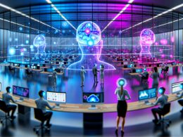 Futuristisches Geschäftsbüro mit digitalen Marketern, die neuronale Headsets tragen, umgeben von holografischen Daten und großformatigen Displays mit KI-Marketing-Analysen.