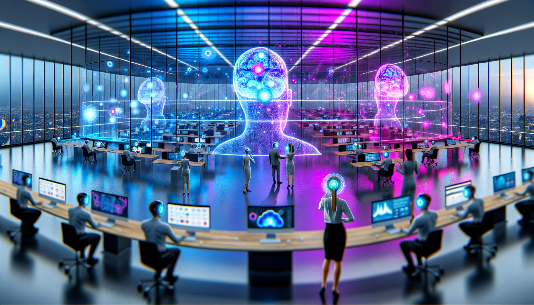 Futuristisches Geschäftsbüro mit digitalen Marketern, die neuronale Headsets tragen, umgeben von holografischen Daten und großformatigen Displays mit KI-Marketing-Analysen.