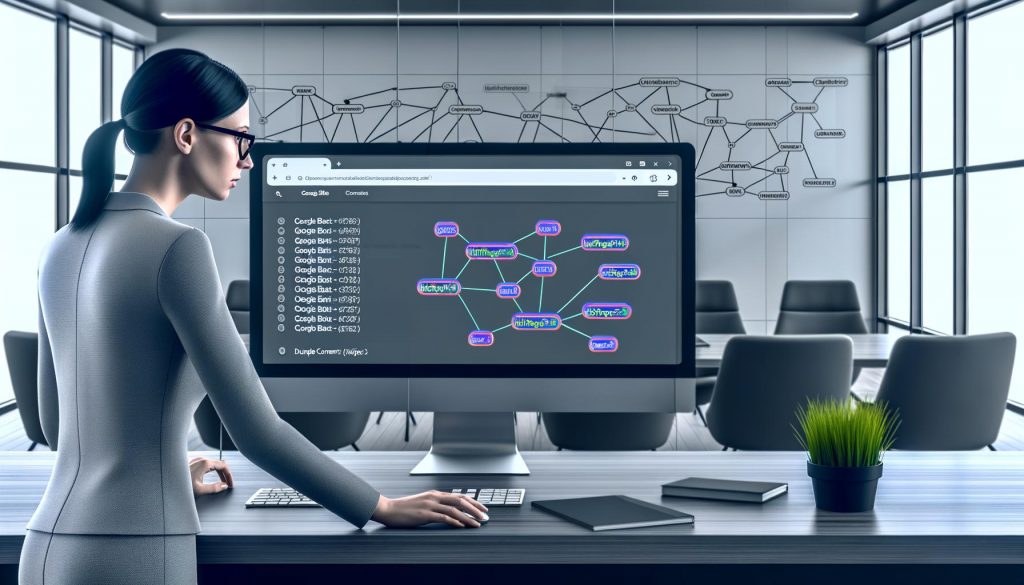 SEO-Manager überprüft in modernem Büro komplexe URL-Parameter und SEO-Diagramme auf Monitoren mit der Google Search Console.