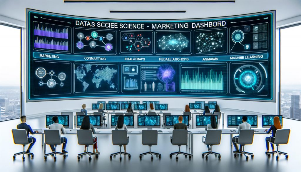 Futuristisches Büro mit großen Screens an den Wänden, auf denen ein ausgefeiltes Data Science Marketing Dashboard mit Heatmaps, Netzwerk-Visualisierungen, Machine Learning Vorhersagen und Anomalie-Alerts zu sehen ist. Mehrere diverse Teams diskutieren die angezeigten Insights vor modernen Arbeitsplätzen.