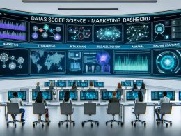 Futuristisches Büro mit großen Screens an den Wänden, auf denen ein ausgefeiltes Data Science Marketing Dashboard mit Heatmaps, Netzwerk-Visualisierungen, Machine Learning Vorhersagen und Anomalie-Alerts zu sehen ist. Mehrere diverse Teams diskutieren die angezeigten Insights vor modernen Arbeitsplätzen.