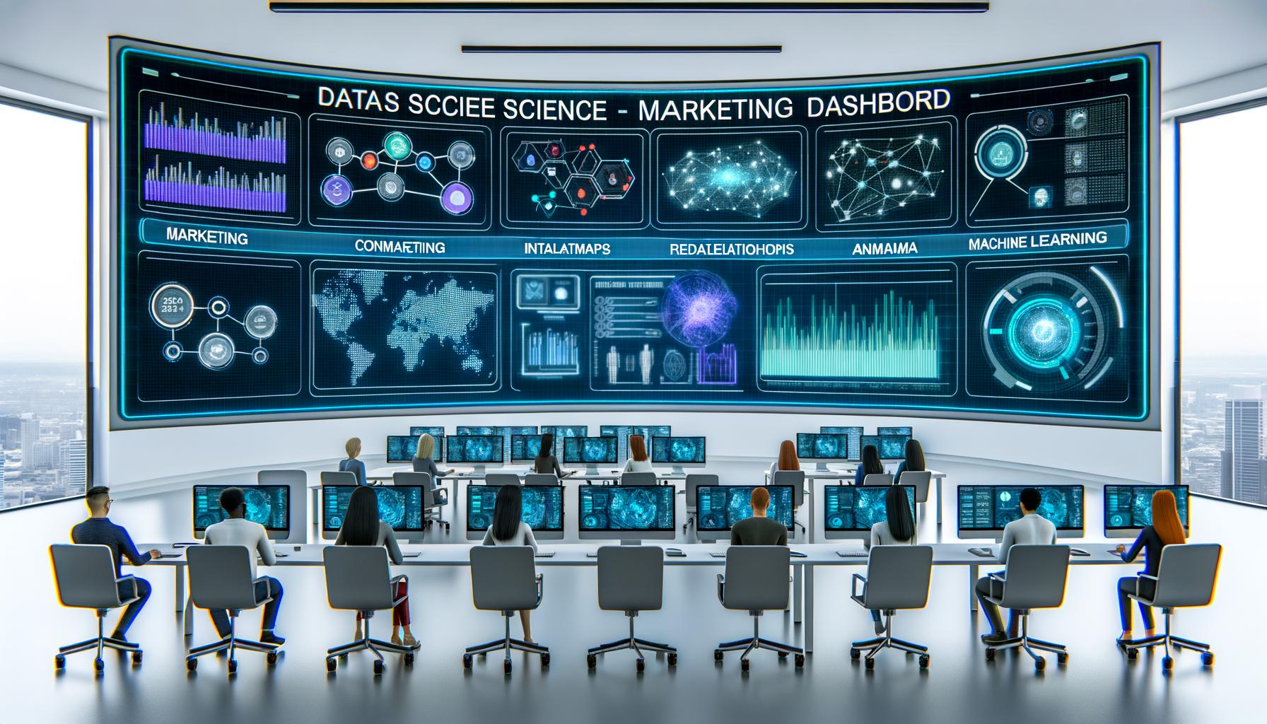 Futuristisches Büro mit großen Screens an den Wänden, auf denen ein ausgefeiltes Data Science Marketing Dashboard mit Heatmaps, Netzwerk-Visualisierungen, Machine Learning Vorhersagen und Anomalie-Alerts zu sehen ist. Mehrere diverse Teams diskutieren die angezeigten Insights vor modernen Arbeitsplätzen.