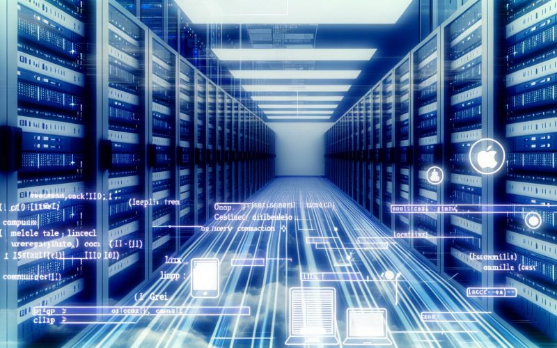 Futuristisch gestalteter Serverraum mit leuchtenden Unix-Befehlen, verbundenen Betriebssystem-Icons und verschiedenen Geräten wie Smartphone, Router und Desktop, alles im Stil moderner und klassischer Computerwelten.