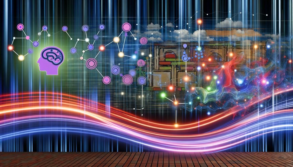 Surreales Bild eines dynamischen Datenstroms mit verschmelzenden KI-Symbolen, neuronalen Netzen, bunten Datenpunkten und einer verblassenden Customer Journey Map im hypermodernen, digitalen Labyrinth.