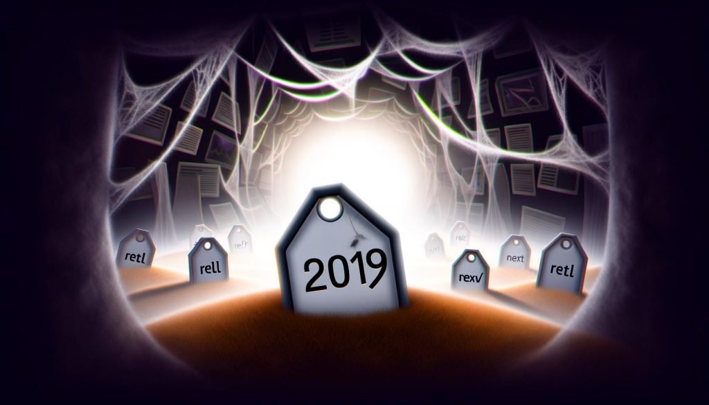 Dramatische Szene mit zerbrochenem rel=next/prev-Tag über einem Grab, SEO-Dokumente, alte Monitore und Kabel-Labyrinth illustrieren das Ende traditioneller SEO-Methoden.