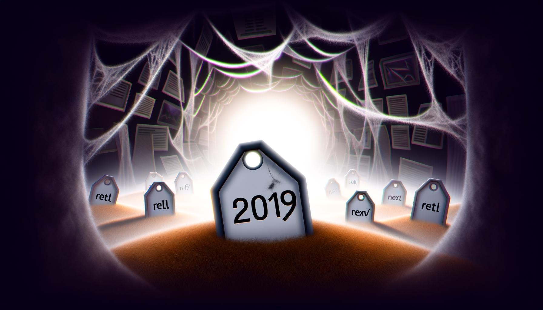 Dramatische Szene mit zerbrochenem rel=next/prev-Tag über einem Grab, SEO-Dokumente, alte Monitore und Kabel-Labyrinth illustrieren das Ende traditioneller SEO-Methoden.