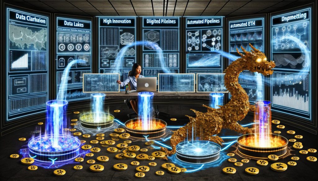 Data Scientist steuert in moderner Marketingabteilung holografische Dashboards, umgeben von leuchtenden Datenströmen, während ein Drache aus alten Excel-Tabellen den Datenschatz bewacht.