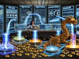 Data Scientist steuert in moderner Marketingabteilung holografische Dashboards, umgeben von leuchtenden Datenströmen, während ein Drache aus alten Excel-Tabellen den Datenschatz bewacht.