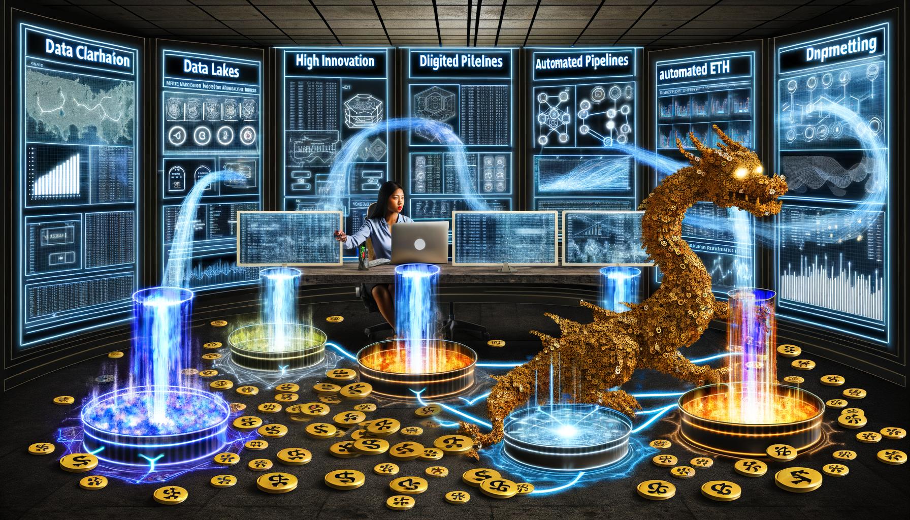 Data Scientist steuert in moderner Marketingabteilung holografische Dashboards, umgeben von leuchtenden Datenströmen, während ein Drache aus alten Excel-Tabellen den Datenschatz bewacht.