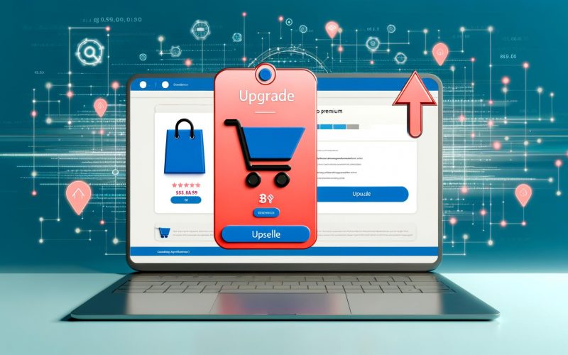 Moderne digitale E-Commerce-Illustration mit Laptop, Warenkorb, Premium-Produkt-Empfehlung, dynamischen Bannern, Datenströmen und KI-Symbolen im Hintergrund