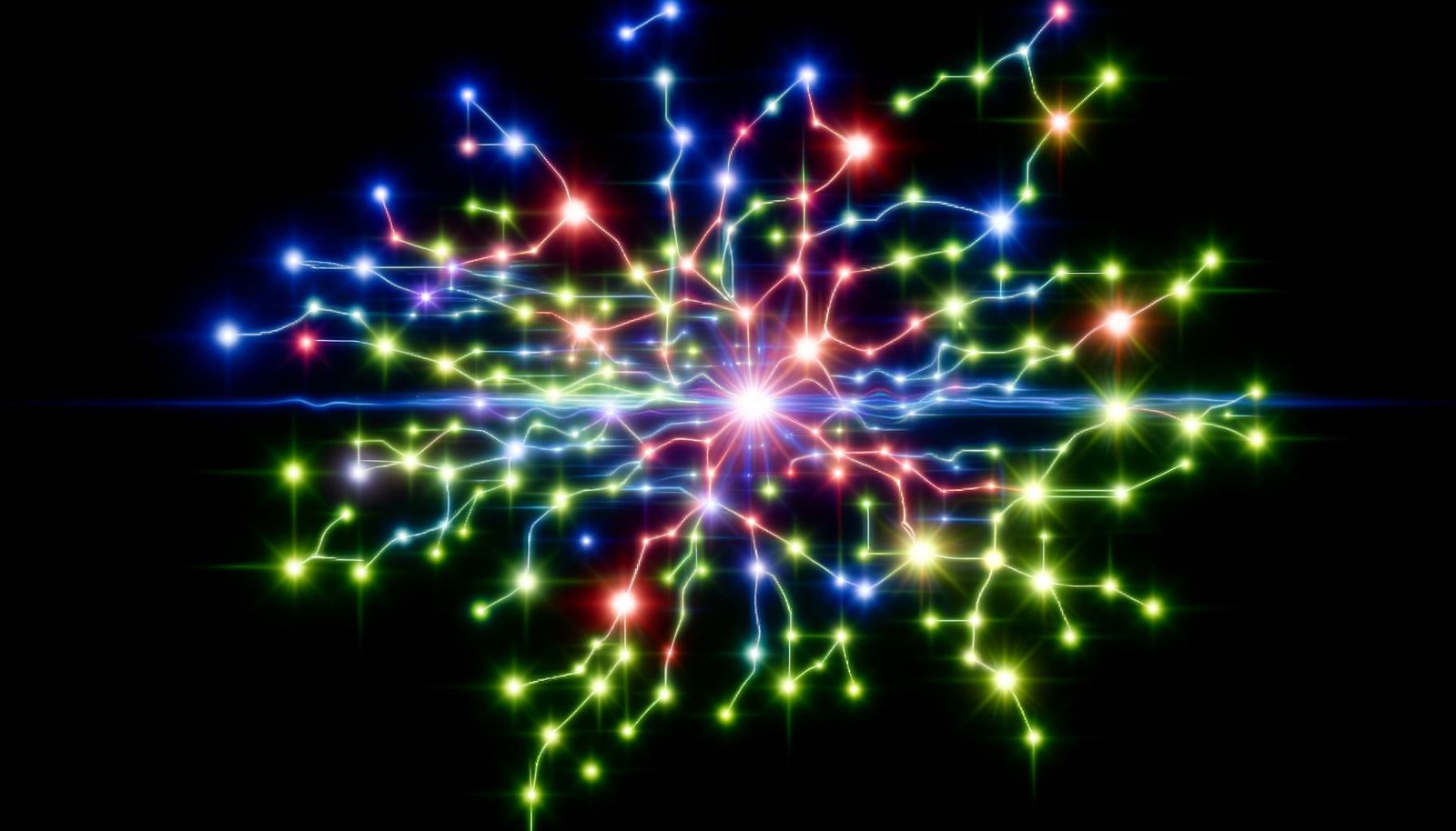 Abstrakte, bunte Illustration eines mehrschichtigen neuronalen Netzwerks mit leuchtenden Knoten und strahlenden Linien auf dunklem Hintergrund