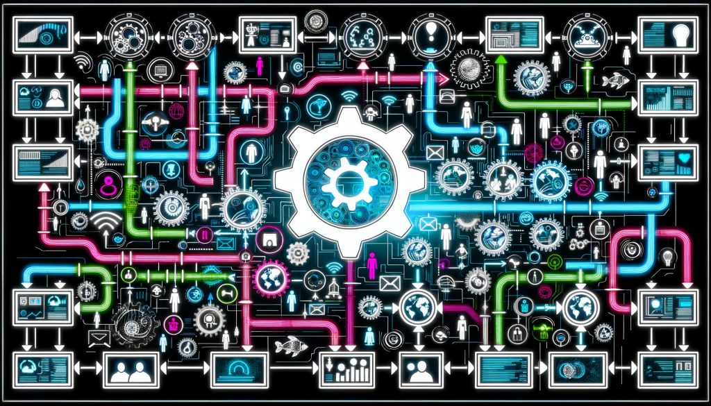 Technodystopisches Großraumbüro mit grauen Schreibtischen, Papierstapeln, 90er-Jahre-Faxgeräten, vergilbten Computern und einem bedrohlichen Monster aus Akten, Kabeln und Formularen. Im Hintergrund ein Poster mit der Aufschrift Digitalisierung.