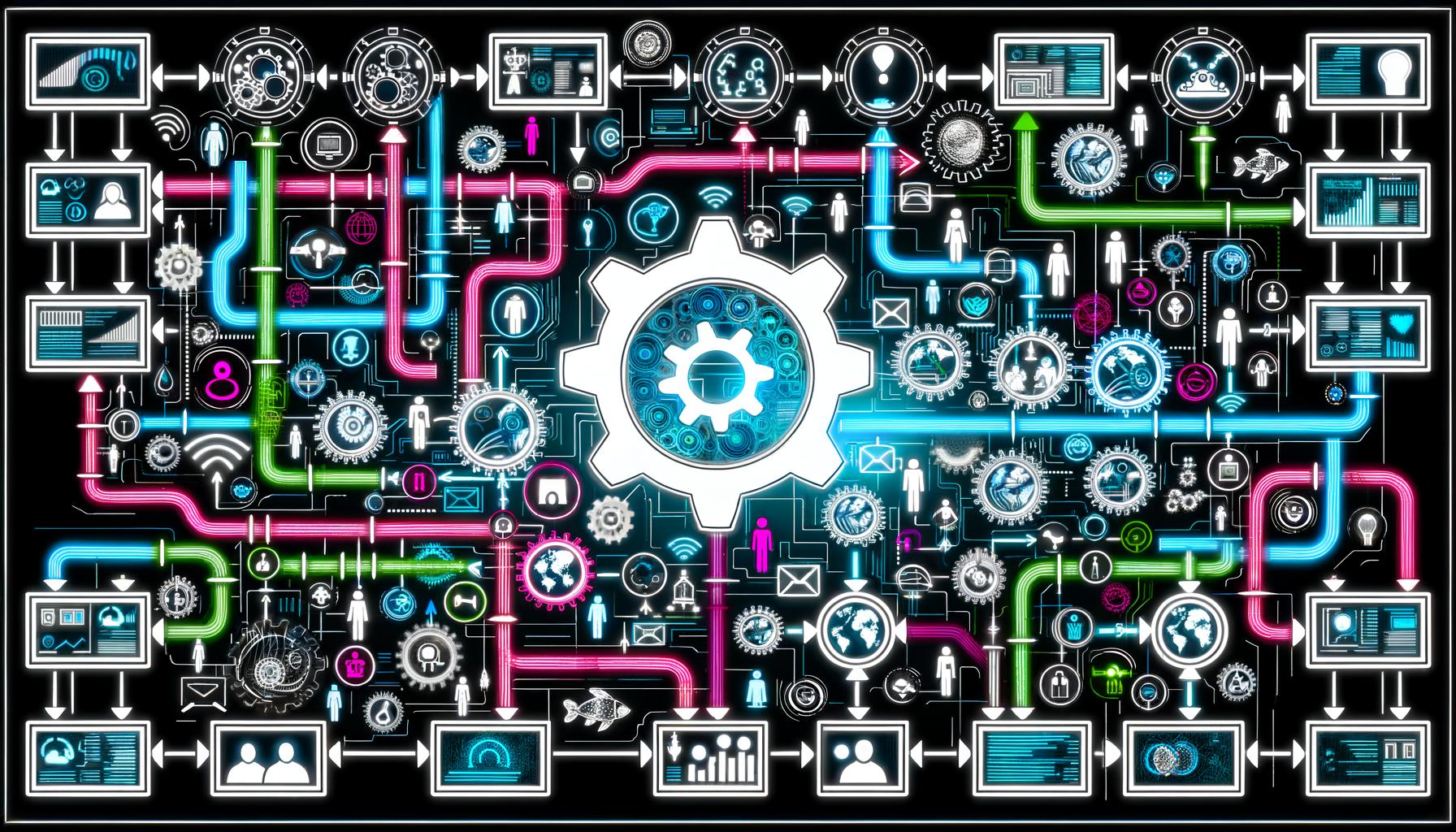 Technodystopisches Großraumbüro mit grauen Schreibtischen, Papierstapeln, 90er-Jahre-Faxgeräten, vergilbten Computern und einem bedrohlichen Monster aus Akten, Kabeln und Formularen. Im Hintergrund ein Poster mit der Aufschrift Digitalisierung.