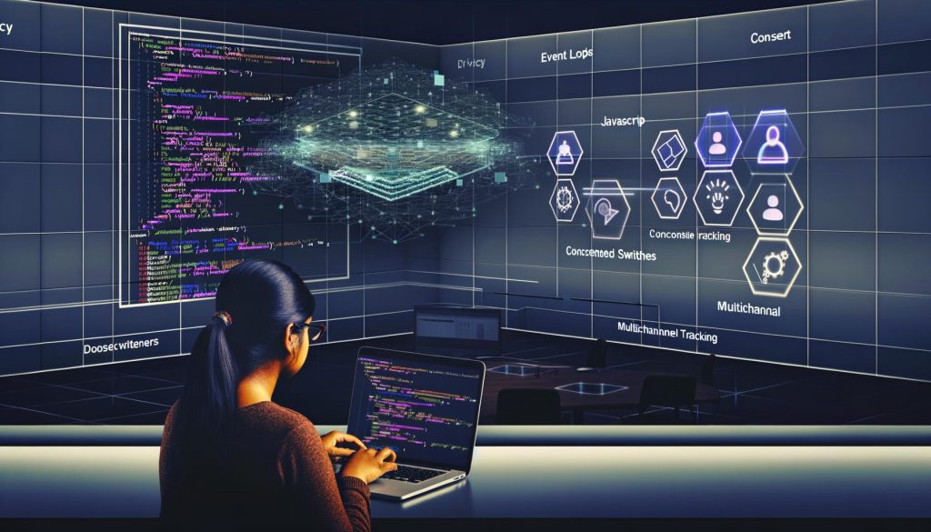 Webentwickler beim Codieren vor digitaler Anzeige von Datenströmen, Analyse-Diagrammen und schwebendem JavaScript-Datenlayer mit Privatsphäre- und Tracking-UI