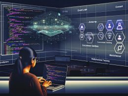 Webentwickler beim Codieren vor digitaler Anzeige von Datenströmen, Analyse-Diagrammen und schwebendem JavaScript-Datenlayer mit Privatsphäre- und Tracking-UI