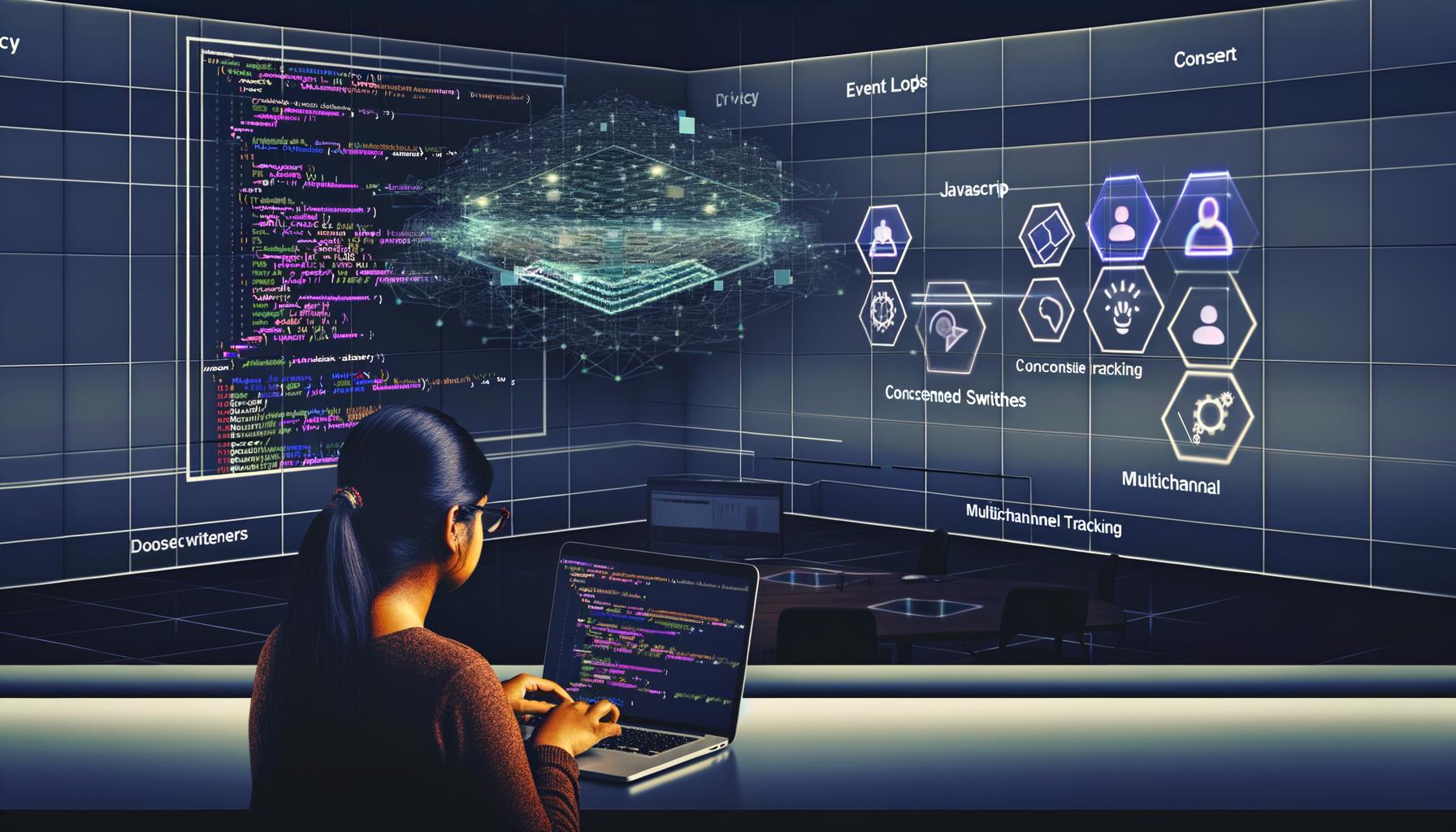 Webentwickler beim Codieren vor digitaler Anzeige von Datenströmen, Analyse-Diagrammen und schwebendem JavaScript-Datenlayer mit Privatsphäre- und Tracking-UI