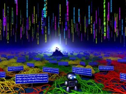 Darstellung eines chaotischen URL-Kampfes zwischen statischen, klaren und dynamischen, parameterreichen Webadressen mit überfordertem Googlebot und einer verpixelten Webseiten-Skyline.