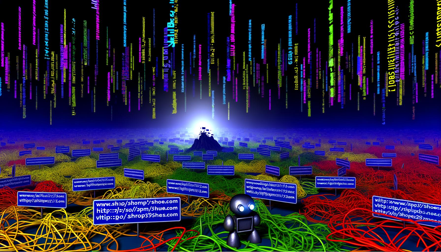 Darstellung eines chaotischen URL-Kampfes zwischen statischen, klaren und dynamischen, parameterreichen Webadressen mit überfordertem Googlebot und einer verpixelten Webseiten-Skyline.