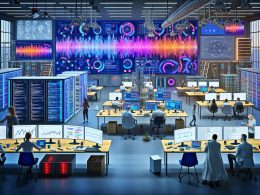 Futuristisches Marketingbüro mit Live-Dashboards, Datenströmen, Data Scientists und Marketers, die gemeinsam an digitalen Strategien arbeiten. Technische Geräte und traditionelle Marketingunterlagen betonen den Wechsel zur datenbasierten Arbeitsweise.