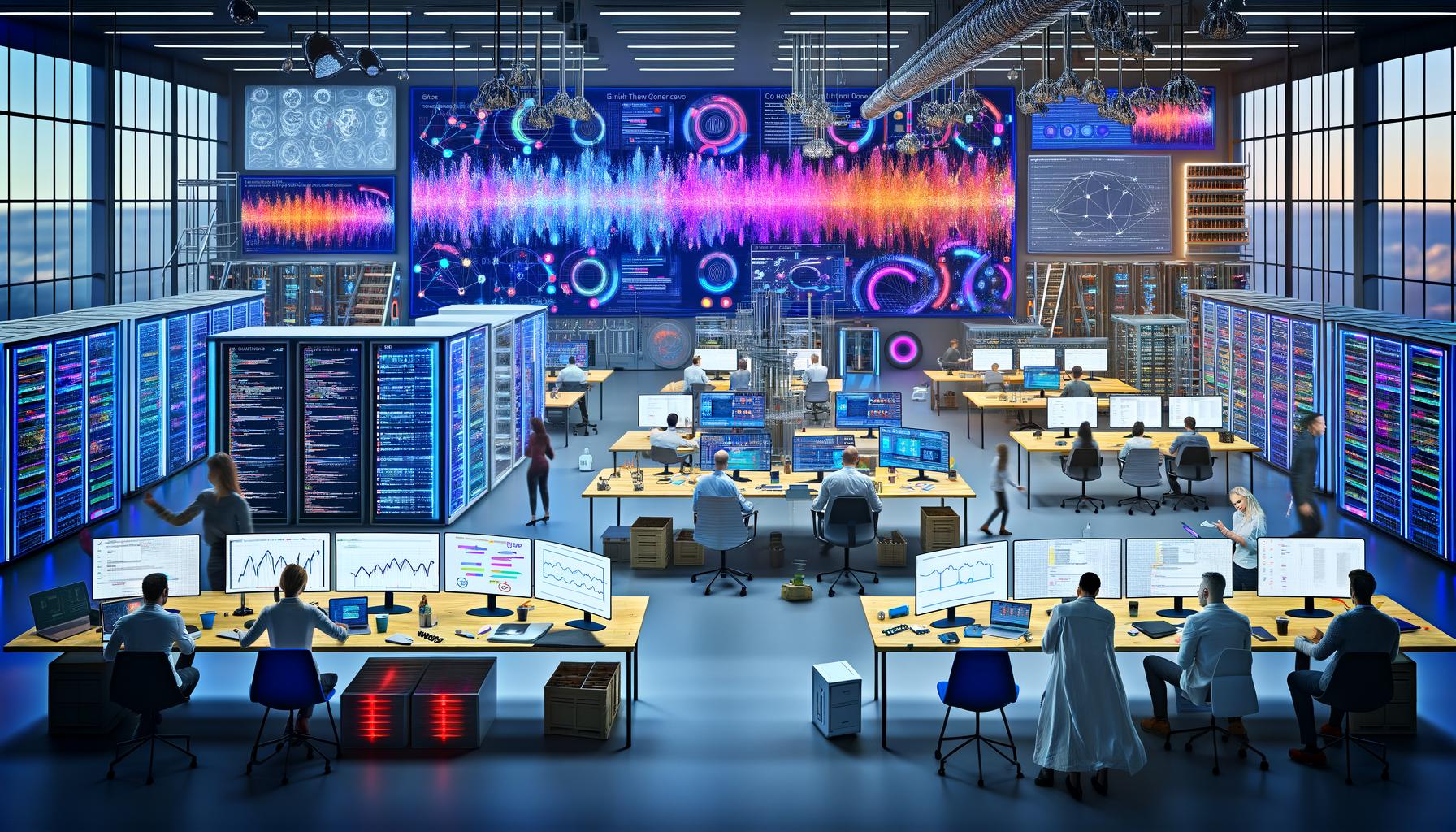 Futuristisches Marketingbüro mit Live-Dashboards, Datenströmen, Data Scientists und Marketers, die gemeinsam an digitalen Strategien arbeiten. Technische Geräte und traditionelle Marketingunterlagen betonen den Wechsel zur datenbasierten Arbeitsweise.