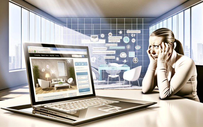 Moderner Arbeitsplatz, an dem ein Nutzer zwischen einer überladenen und einer benutzerfreundlichen Website-Oberfläche vergleicht. Frust auf der chaotischen und Zufriedenheit auf der klaren Seite.