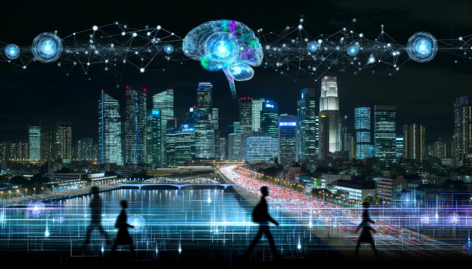 Futuristische Stadt bei Nacht mit neuronalen Lichtstrukturen, schwebenden Datenströmen und Menschen mit Brain-Computer-Interfaces zwischen holografischen Anzeigen