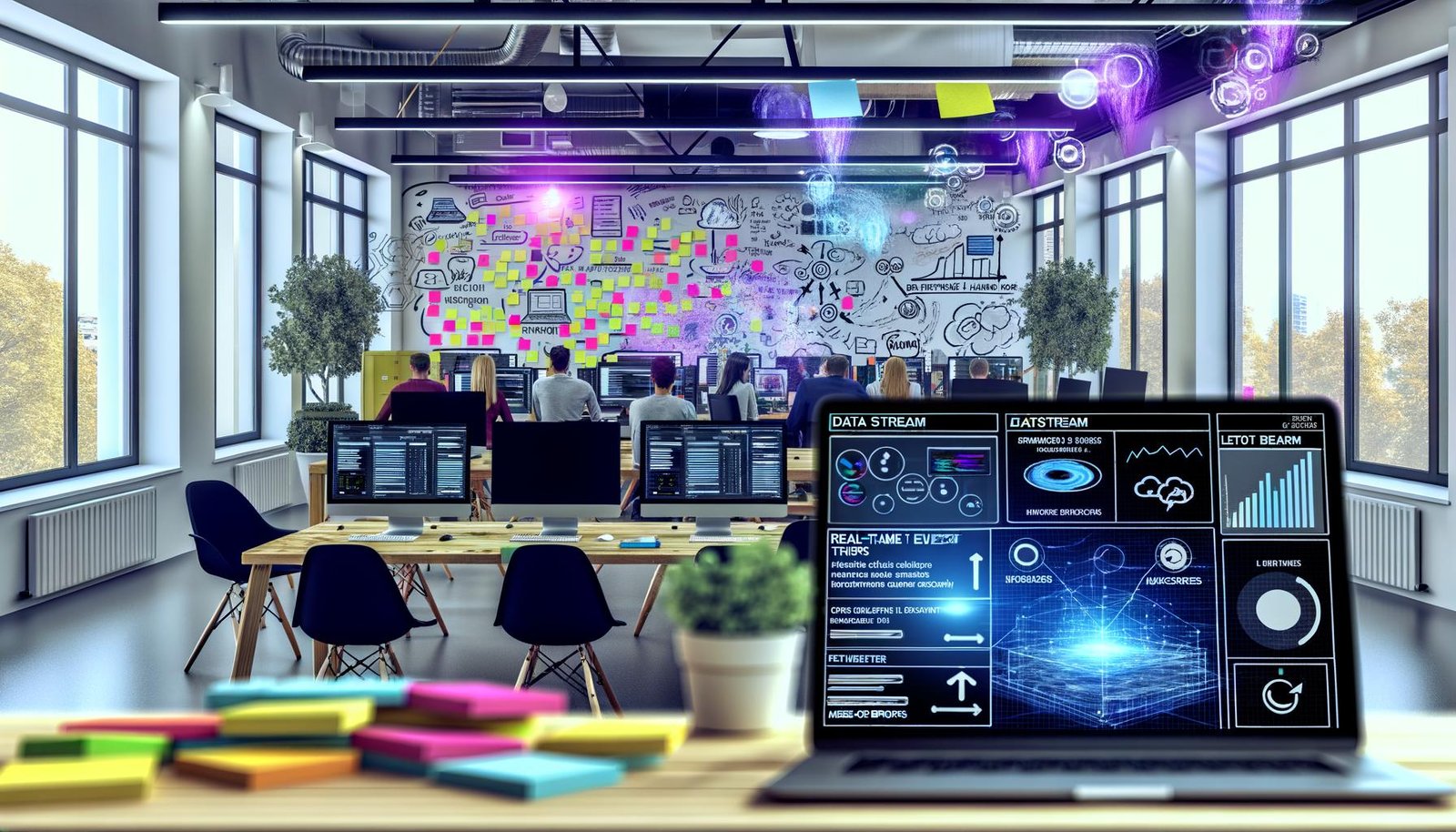 Großraumbüro mit Marketing- und IT-Teams, die gemeinsam an Computern mit Echtzeitdaten, digitalen Whiteboards und kreativen Skizzen arbeiten.