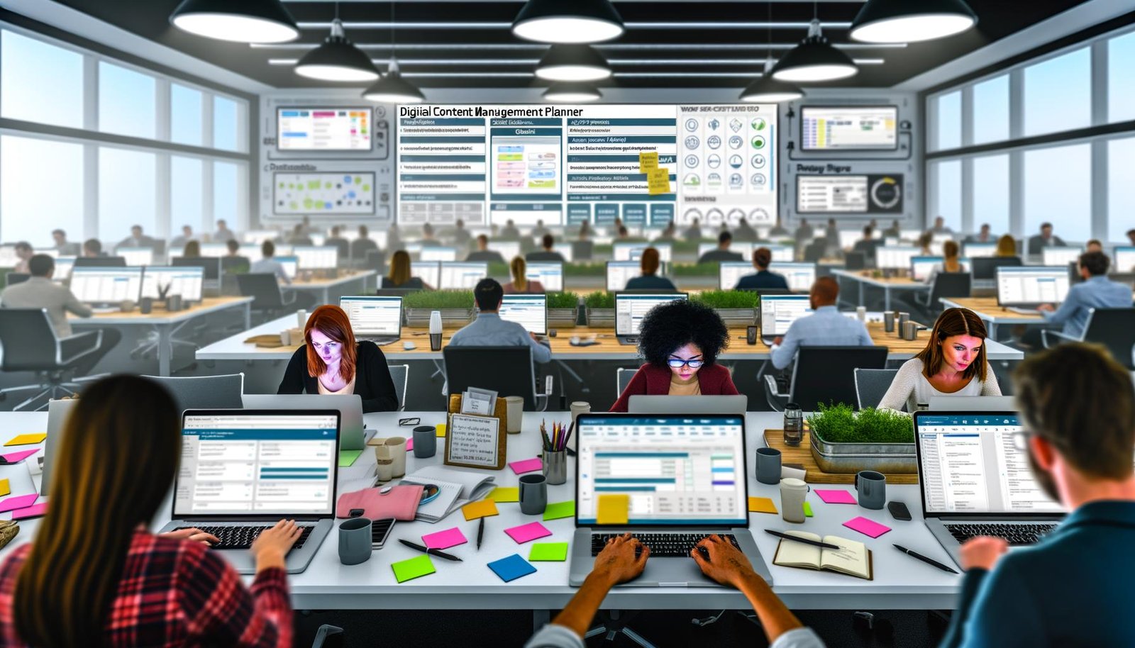 Mehrere Content-Spezialisten arbeiten in einem hellen Großraumbüro an Laptops mit farbcodierten Redaktionskalendern und Workflows; im Hintergrund ist ein digitales Dashboard für Content Management sichtbar.