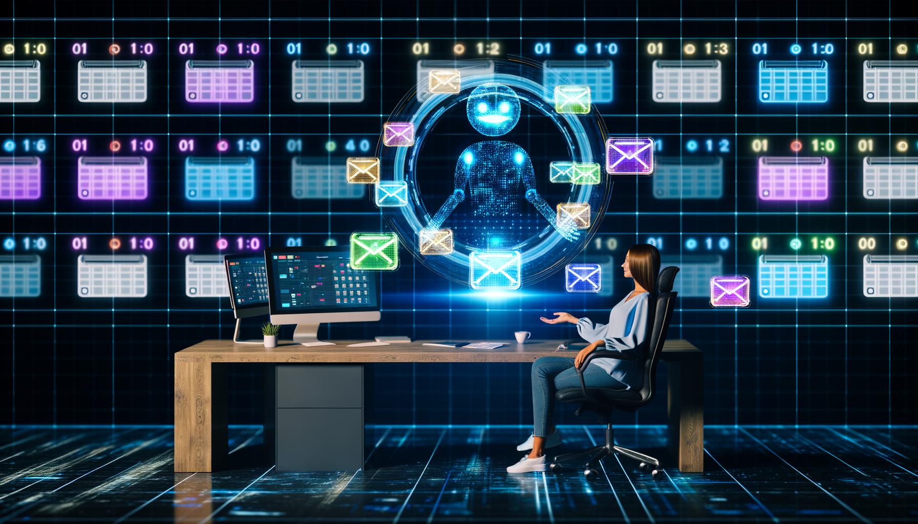 Futuristischer Schreibtisch mit Monitoren, digitalen Kalender- sowie Chat-Oberflächen, Leuchtenring mit bunten Meeting-Tags und holografischem KI-Assistent im Vordergrund.