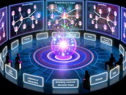 Futuristisches Kontrollzentrum mit KI-orb, holografischen Storymaps, Entscheidungsbäumen und farbigen Story-Threads, umgeben von digitalen Nutzern.