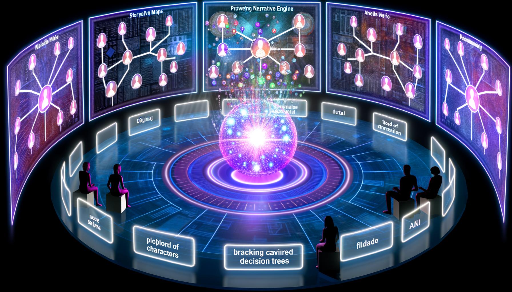 Futuristisches Kontrollzentrum mit KI-orb, holografischen Storymaps, Entscheidungsbäumen und farbigen Story-Threads, umgeben von digitalen Nutzern.