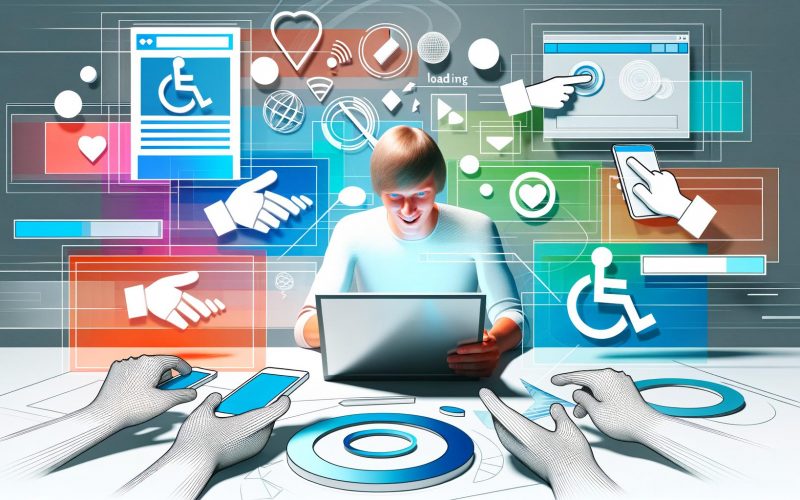 Junger Mensch mit Laptop, Smartphone und Tablet surft konzentriert auf moderner Website, umgeben von abstrahierten Symbolen für Interaktion, Barrierefreiheit und Design.