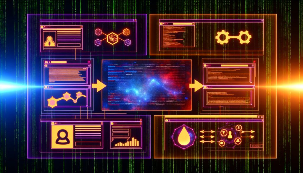 Stilisierte Illustration eines digitalen Kontrollzentrums, in dem ein transparenter Data Layer zwischen Website-Frontend und Analyse-Dashboards Daten trotz Cookie-Banner, SPA und Ad-Blocker effizient weiterleitet.