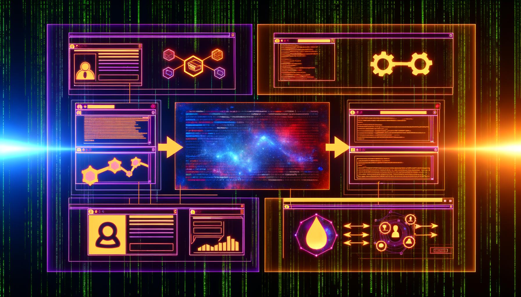 Stilisierte Illustration eines digitalen Kontrollzentrums, in dem ein transparenter Data Layer zwischen Website-Frontend und Analyse-Dashboards Daten trotz Cookie-Banner, SPA und Ad-Blocker effizient weiterleitet.