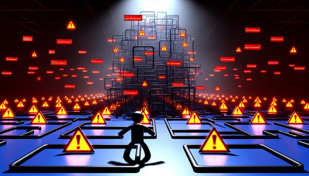 Illustration eines überforderten Googlebots, gefangen im digitalen Labyrinth aus URL-Parametern, Session-IDs und endlosen Crawl-Schleifen mit Warnsymbolen, während wichtige Webseiten im Schatten verschwinden.