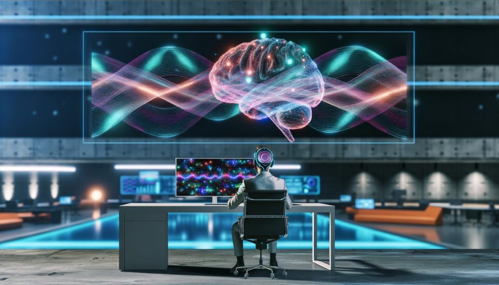 Futuristische Szene: Mensch sitzt am Schreibtisch mit BCI-Headset, während leuchtende Datenströme zu einem großen Bildschirm mit neuronalen Wellen und Marketing-Dashboards fließen.