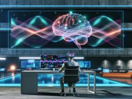 Futuristische Szene: Mensch sitzt am Schreibtisch mit BCI-Headset, während leuchtende Datenströme zu einem großen Bildschirm mit neuronalen Wellen und Marketing-Dashboards fließen.