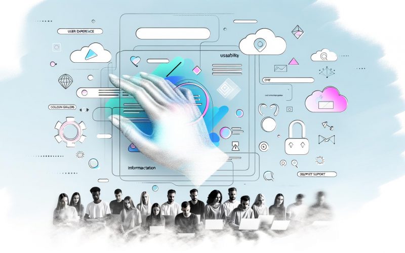 Illustration einer transparenten Hand, die verschiedene digitale Oberflächen verknüpft, mit vielfältigen Nutzer:innen an verschiedenen Geräten und Symbolen für Usability, Interaktion und Informationsarchitektur, vor einem hellen, modernen Hintergrund.