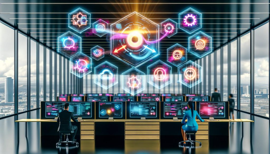 Futuristisches High-Tech-Büro mit gläsernen, beleuchteten Wänden, großen Monitortischen, animierten Diagrammen und einem zentralen Event-Broker-Icon, von dem bunte Datenströme zu Microservices, Queues, Datenbanken und Analytics-Systemen führen. Im Vordergrund diverse Geschäftsleute und Entwickler vor Dashboards mit Echtzeitdaten.