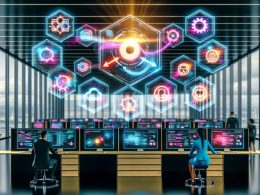 Futuristisches High-Tech-Büro mit gläsernen, beleuchteten Wänden, großen Monitortischen, animierten Diagrammen und einem zentralen Event-Broker-Icon, von dem bunte Datenströme zu Microservices, Queues, Datenbanken und Analytics-Systemen führen. Im Vordergrund diverse Geschäftsleute und Entwickler vor Dashboards mit Echtzeitdaten.