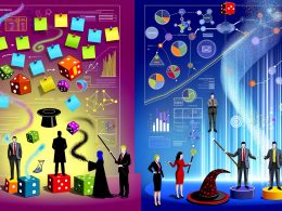 Illustration eines modernen Marketings: Von chaotischen Papiernotizen und verwirrten Menschen zu einer Hightech-Datenzentrale mit Dashboard, Algorithmen-Symbolik und selbstbewussten Analysten.