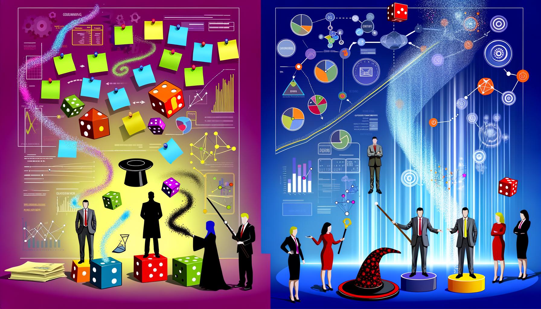 Illustration eines modernen Marketings: Von chaotischen Papiernotizen und verwirrten Menschen zu einer Hightech-Datenzentrale mit Dashboard, Algorithmen-Symbolik und selbstbewussten Analysten.