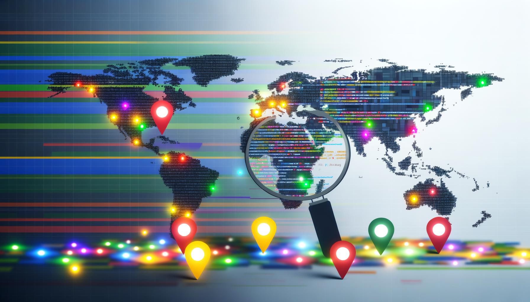 Zersplitterte, digital gestaltete Weltkarte mit hervorgehobenen Ländern, einer Lupe auf Code mit hreflang-Attributen und über der Szene schwebenden Fehler-Symbolen