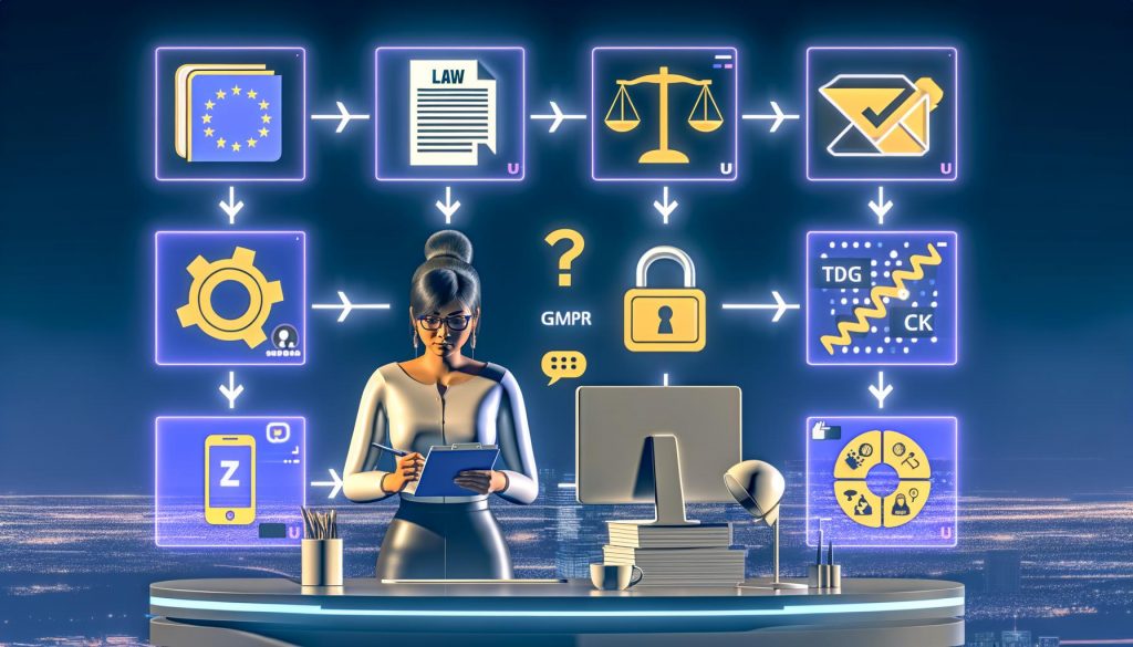 Moderne Grafiken und Illustrationen zu DSGVO-Compliance im Online-Marketing mit Fokus auf Consent-Management, Tool-Auswahl, rechtliche Symbole und technische Lösungen für den Datenschutz.