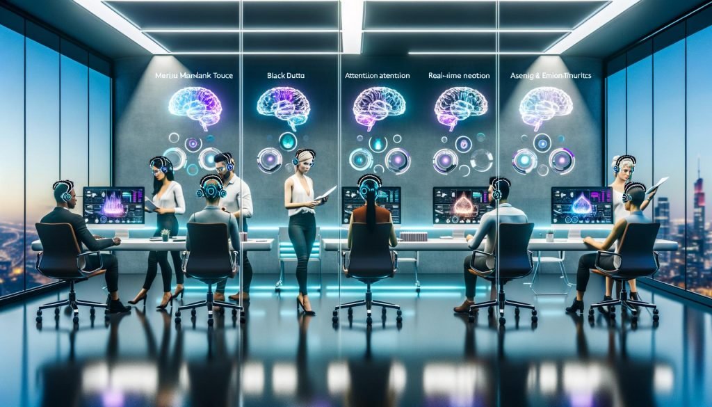 Futuristisches Marketingteam mit Neuro-Headsets prüft holografische Gehirnwellen-Datenströme in minimalistischem Glasbüro