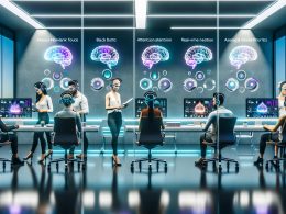 Futuristisches Marketingteam mit Neuro-Headsets prüft holografische Gehirnwellen-Datenströme in minimalistischem Glasbüro