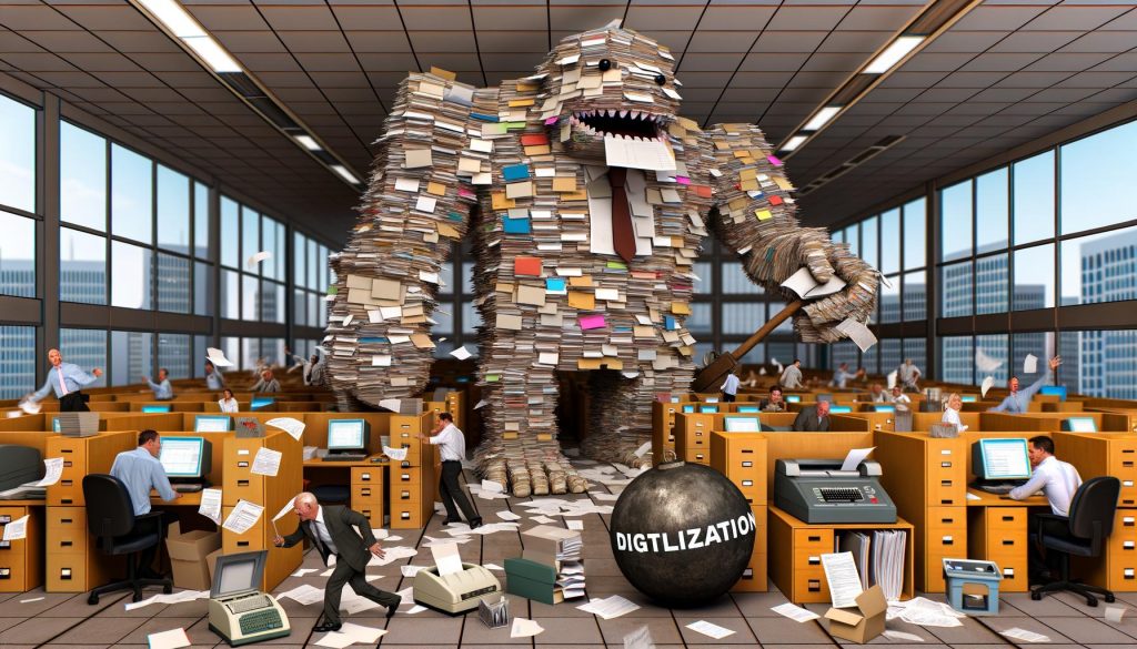 Karikatur eines gigantischen Bürokratiemonsters aus Papieren, Ordnern und Stempeln in einem deutschen Büro, umgeben von gestressten Mitarbeitern und einer Abrissbirne mit der Aufschrift Digitalisierung.