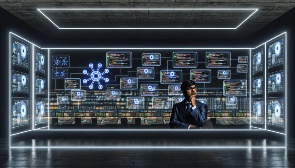 Moderner, dunkler Kontrollraum mit Glasmenschen, Displays, Code-Snippets, KI-Icons und Workflow-Diagrammen, die ein fortschrittliches Automatisierungsmanagement zeigen